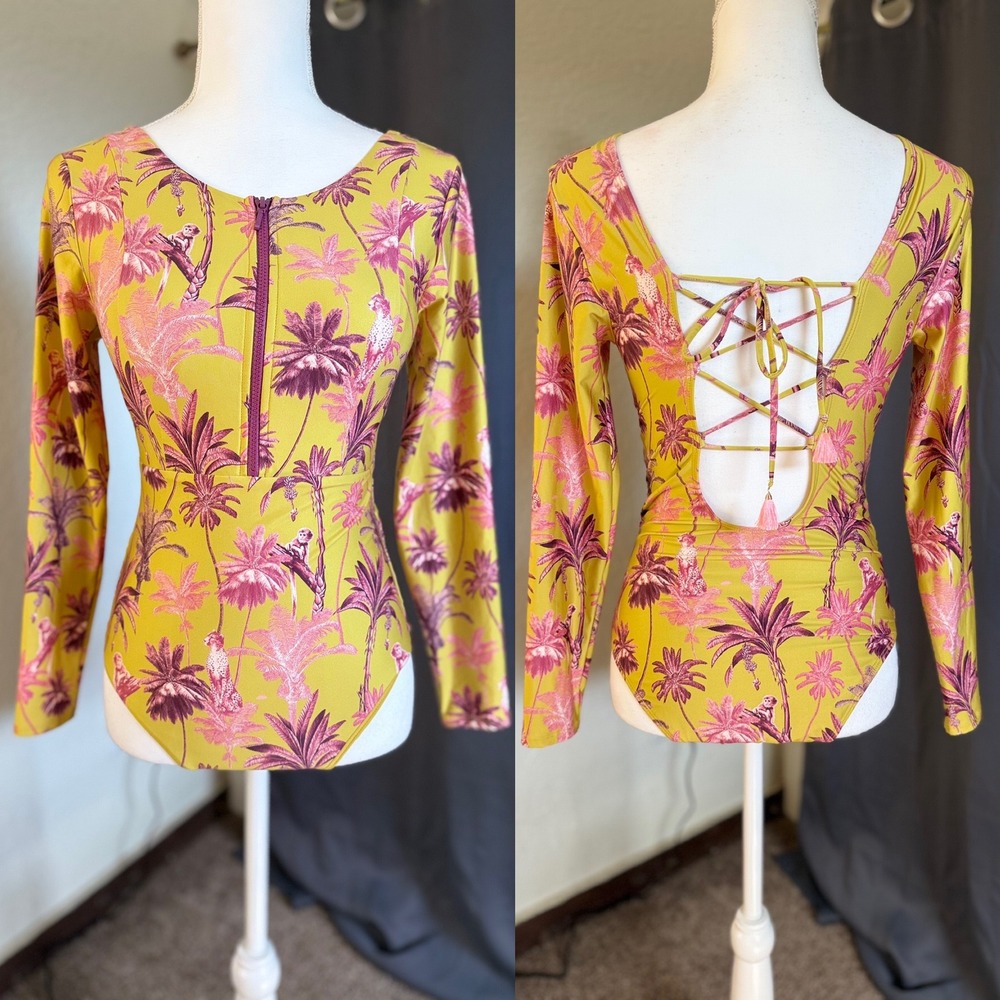 Barich Tropical Monkey Palm Print Lace Up Back Long Sleeve One Piece Swimsuit